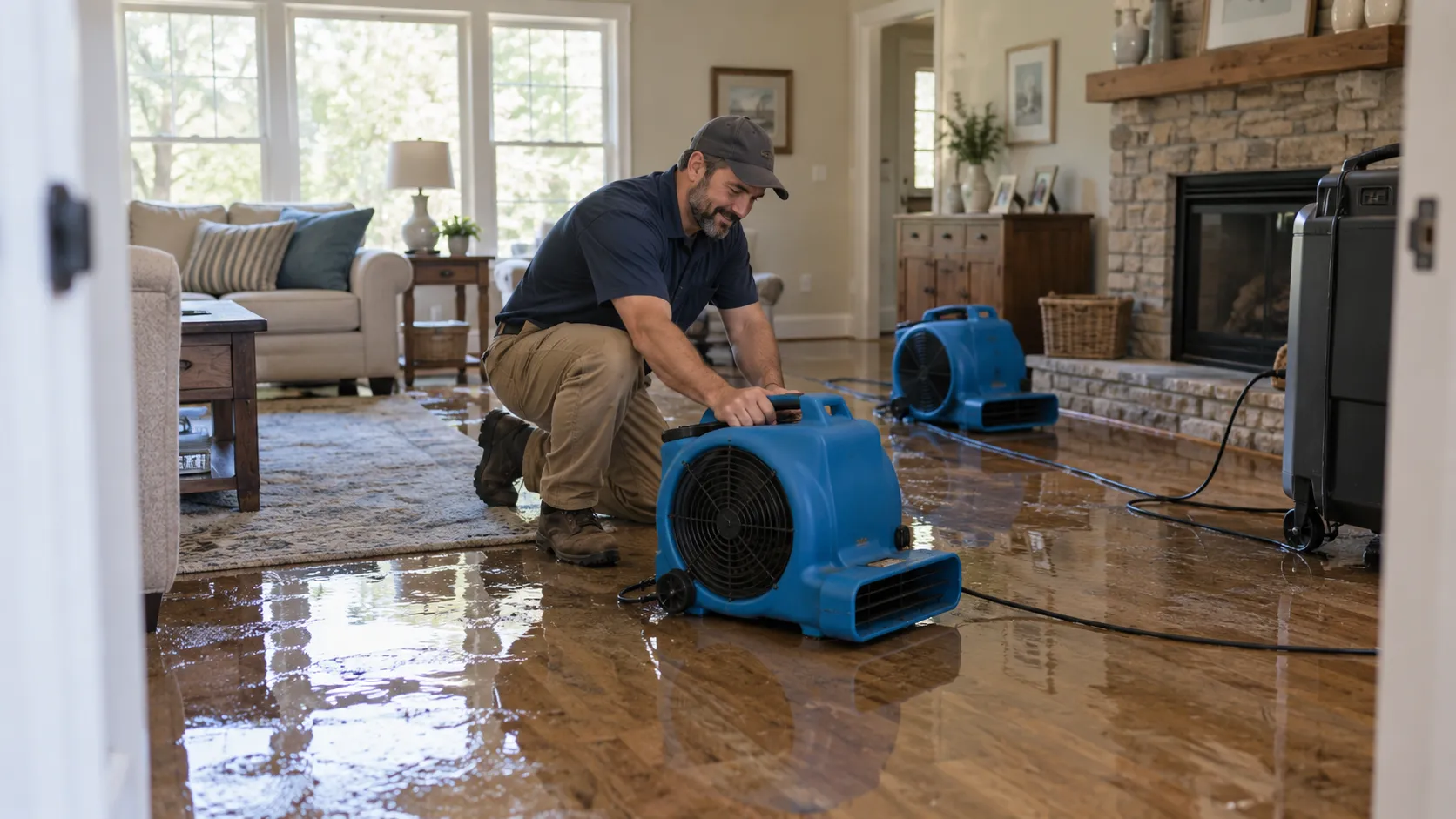 Water damage restoration technician drying a flooded living room in Detroit
